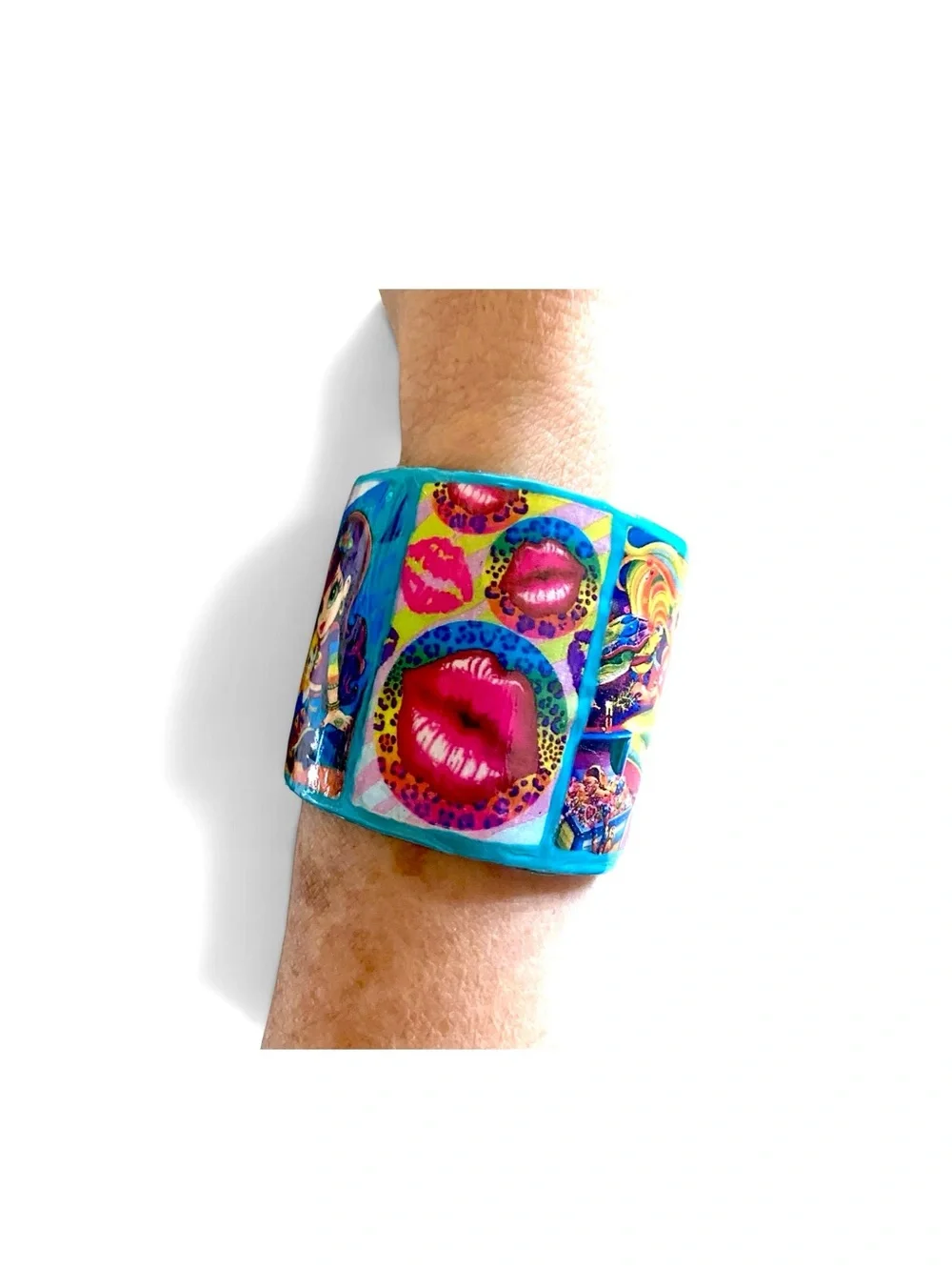Bright and Whimsical Character Bracelet with Cute Girl and Kitten, Lips, Leopard
